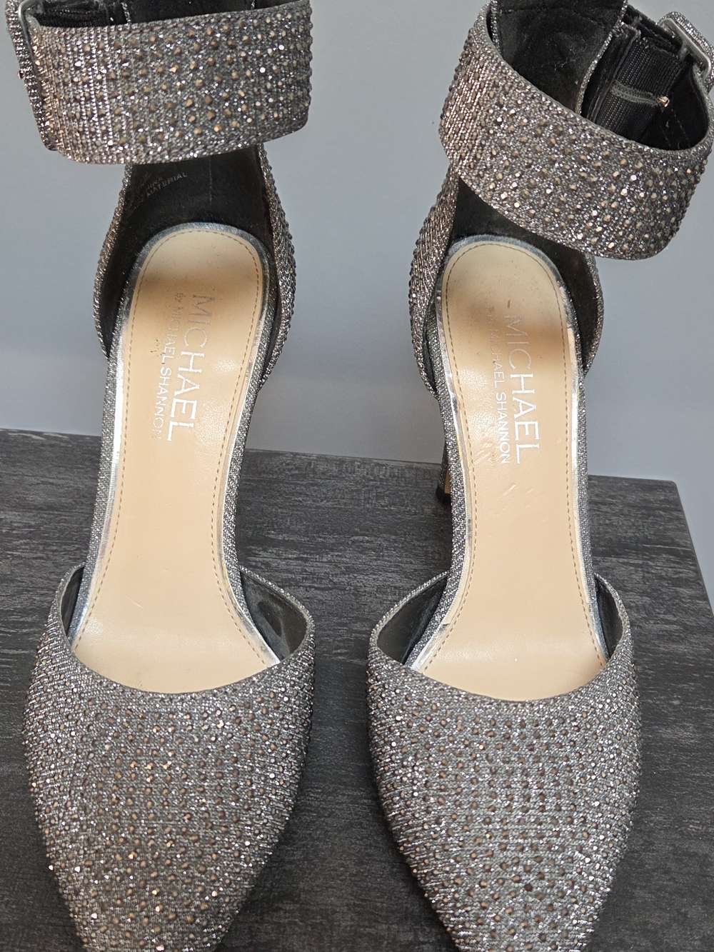 HOT 🔥Michael Shannon  Crystal-Embellished Silver Pointed-Toe Ankle-Strap Heels